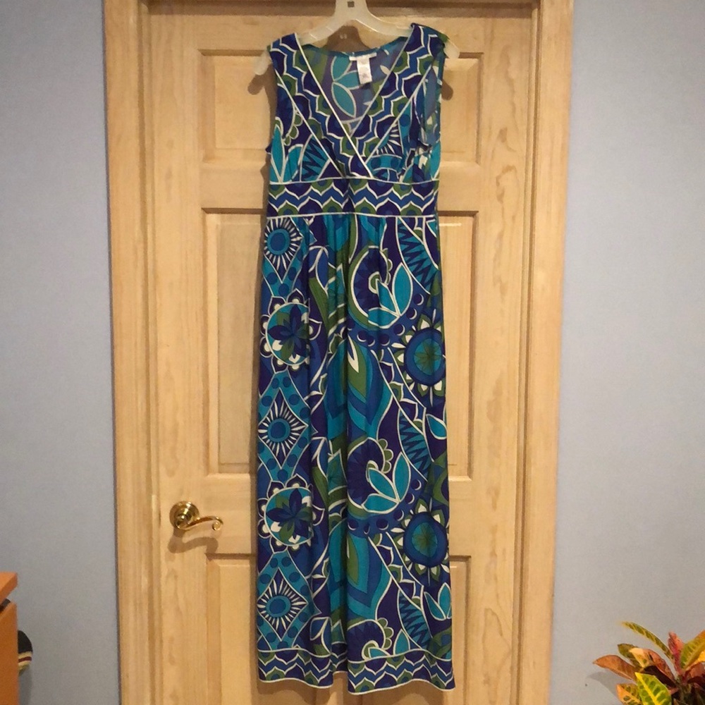 London Times Navy, Teal & Green Printed Sleeveless Maxi Dress